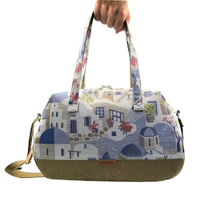 Handmade Boston Bag with Santorini Tapestry, Greek Island Bag, Santorini Bag, Mediterranean Style Bag, Handmade Summer Bag, Gift For Her