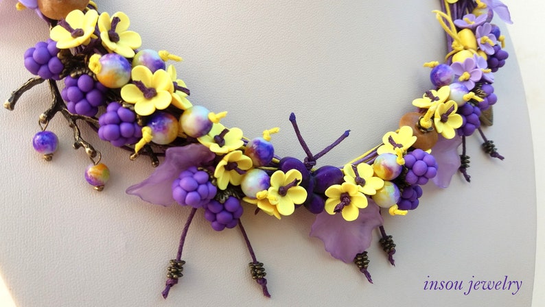 Statement Necklace Boho Necklace Gift For Her Flower Necklace Bib Necklace Charm Necklace Purple Necklace Berry Jewelry Handmade Flowers