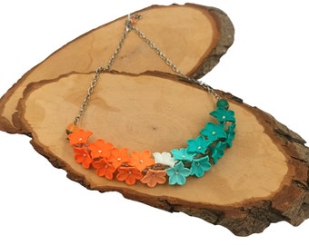 Flower Necklace, Statement Necklace, Floral Jewelry, Green Necklace, Orange Necklace, Handmade Necklace, Floral, Gift For Her, Ombre