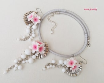 Pink Jewelry, Sakura, Cherry Blossom Jewelry, Pink Flower Earrings, Pink Dangle Earrings, Sakura Necklace, Floral Jewelry, Spring Jewelry