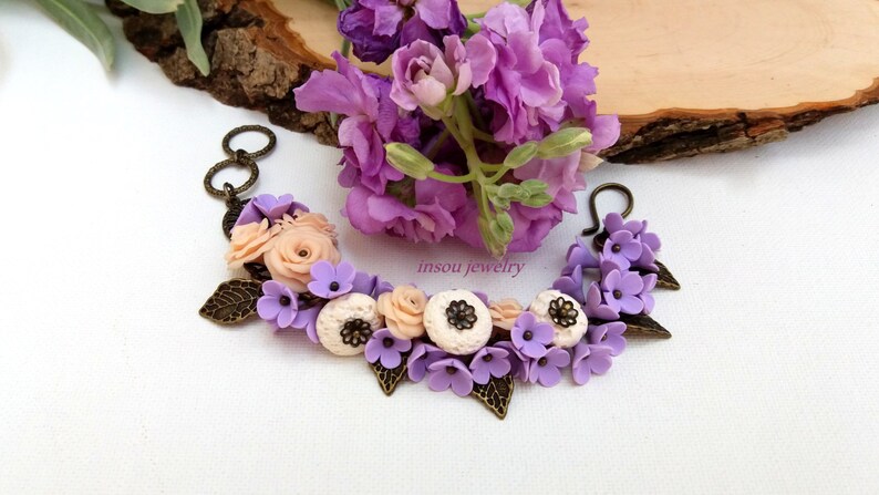 Gift For Her Roses Flower Bracelet Handmade Bracelet Pastel Bracelet Jade Jewelry Wedding Bracelet Wedding Jewelry Lilac Floral