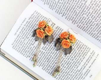 Peach Earrings, Peach Roses, Wedding Flower Earrings, Spring Jewelry,Rose Earrings,Peach Jewelry,Women Gift,Romantic Earrings,Floral Jewelry