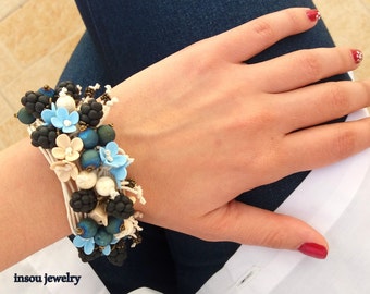 Blue Bracelet Flower Jewelry Berry Jewelry Handmade Bracelet Charm Bracelet Flower Bracelet Wrap Bracelet Boho Bracelet Gift For Her Berries