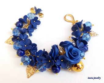 Blue Flower Bracelet, Romantic Floral Bracelet, Blue Jewelry, Women Gift, Charm Bracelet, Rose Bracelet, Handmade Bracelet, Blue Flowers