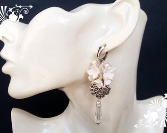 Flower Dangle Earrings, Wedding Earrings, Handmade Earrings, Flower Jewelry, White Earrings, Floral Fashion, Gift For Her, Lilac Earrings