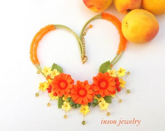 Flower Necklace, Statement Necklace, Orange Jewelry, Spring Jewelry, Gerbera Jewelry, Gift For Her,Floral Fashion,Handmade Necklace