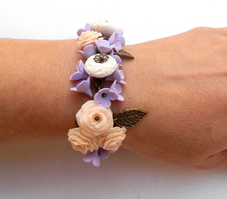 Gift For Her Roses Flower Bracelet Handmade Bracelet Pastel Bracelet Jade Jewelry Wedding Bracelet Wedding Jewelry Lilac Floral