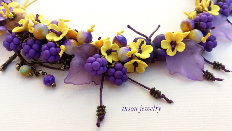Statement Necklace Boho Necklace Gift For Her Flower Necklace Bib Necklace Charm Necklace Purple Necklace Berry Jewelry Handmade Flowers