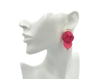 Hot Pink Flower Earrings, Heart Earrings, Handmade Earrings, Pink Jewelry, Polymer Jewelry, Gift For Her, Cute Earrings, Pink Earrings