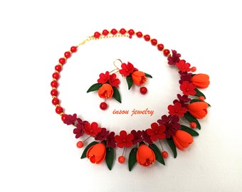 Orange Red Jewelry, Floral Jewelry, Flower Jewelry, Statement Jewelry, Gift For Mom, Women Gift, Necklace Earrings