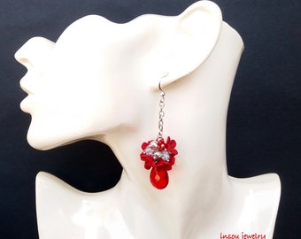 Red Earrings, Flower Earrings, Long Earrings, Unique Earrings, Gift For Her, Floral Jewelry, Red Flowers, Spring Jewelry, Red drop Earrings