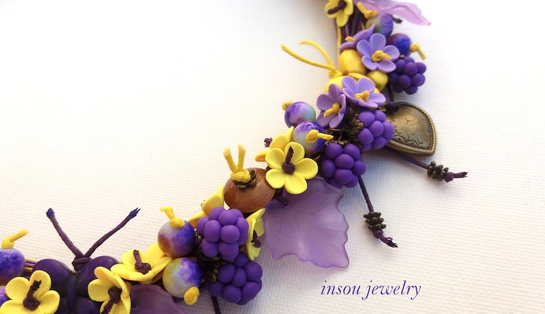 Statement Necklace Boho Necklace Gift For Her Flower Necklace Bib Necklace Charm Necklace Purple Necklace Berry Jewelry Handmade Flowers