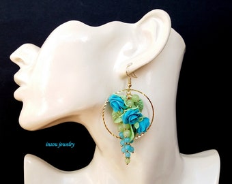 Hoop Earrings, Blue Earrings, Wedding Flower Earrings, Spring Jewelry, Rose Earrings, Spring Flowers