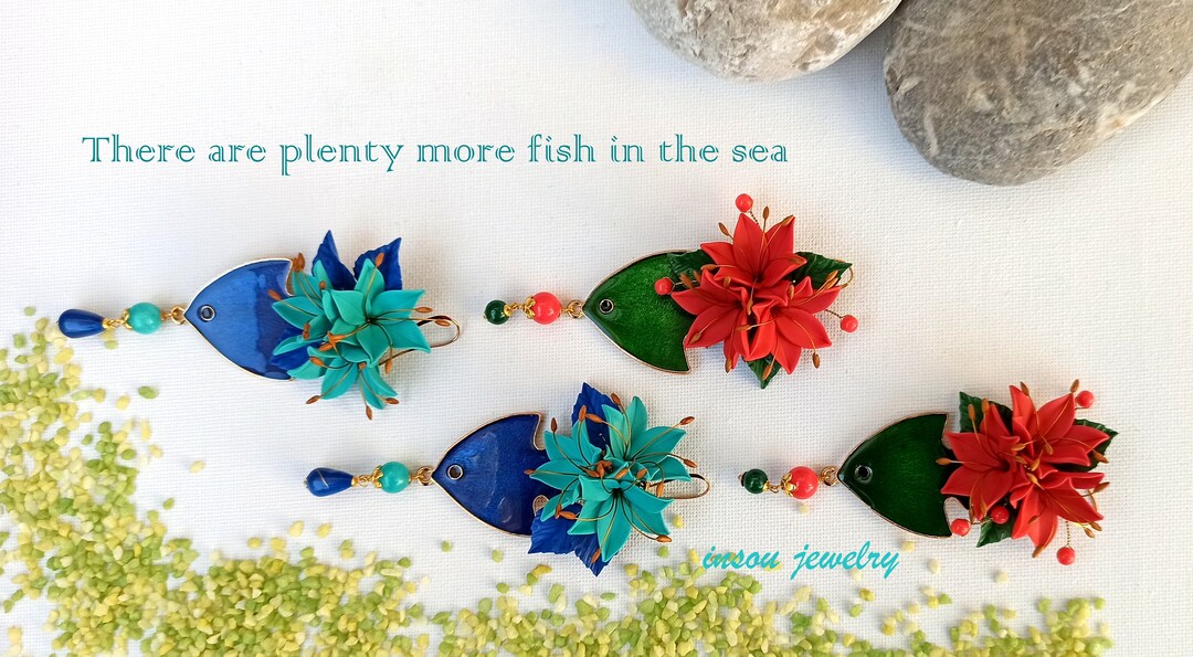 Summer Earrings, Fish Earrings, Sea Earrings, Statement Earrings, Jade Earrings, Gift for Her ...