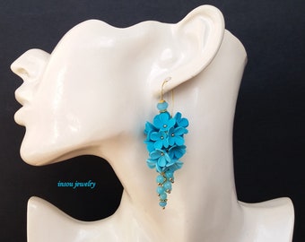 Turquoise Flower Earrings, Dangle Earrings, Elegant Earrings, Gift For Women, Ombre Earrings, Turquoise Light Blue Earrings