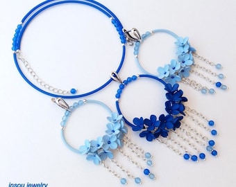 Blue Jewelry, Hoop Earrings, Hoop Necklace, Necklace Earrings Set, Blue Necklace, Blue Earrings, Romantic Jewelry, Flower Jewelry, Boho