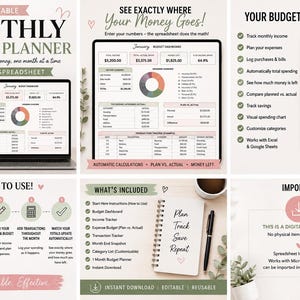 May include: An editable monthly budget planner spreadsheet template displayed on a laptop and tablet screen. The digital interface features a budget dashboard, income tracker, expense budget, transaction tracker, and month-end snapshot with charts and tables for financial planning in Excel or Google Sheets.