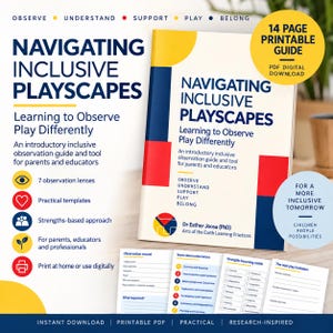 Puede incluir: Una guía imprimible de 14 páginas titulada Navigating Inclusive Playscapes: Learning to Observe Play Differently. La portada presenta formas geométricas azules, rojas y amarillas, texto de la Dra. Esther Joosa e incluye plantillas de observación.