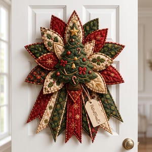 Può includere: Un arazzo in tessuto trapuntato a forma di stella con un ornamento centrale a forma di albero di Natale. Il design presenta tessuti rossi, verdi e crema con motivi di agrifoglio e fiocchi di neve. Un'etichetta in legno con PatternPearlCo pende.