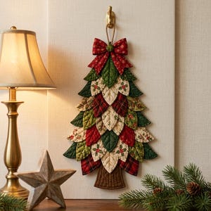 Peut inclure: Une décoration murale en tissu matelassé en forme de sapin de Noël, composée de pièces en forme de feuilles superposées dans des tons rouge, vert et crème. Le sapin est surmonté d'un grand nœud rouge et suspendu à un crochet doré.