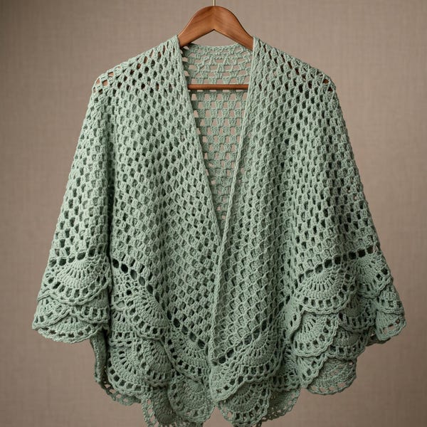 Haakpatroon voor een kimono-vest (PDF) | Saliegroen mesh-vest | Haakpatroon met kanten waaierrand | Boho-wikkelvest | One size | PatterNPearlCo