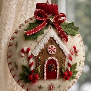 May include: A round, cream-colored felt ornament featuring a brown gingerbread house appliqué with a red door, white icing details, and two candy canes. The ornament is decorated with green felt holly leaves, red berries, and a red ribbon bow.