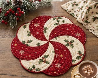May include: A round quilted fabric placemat featuring a pinwheel design with alternating segments of deep red fabric with gold snowflakes and cream fabric with green holly leaves and red berries, finished with detailed stitching.