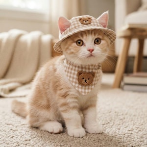 May include: A light orange tabby kitten wearing a beige and white gingham bucket hat and a matching triangular bandana. Both the hat and the bandana feature a small, embroidered brown bear face patch centred on the fabric.