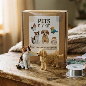 Könnte beinhalten: Ein brauner Pappkarton mit der Aufschrift PETS DIY KIT CRAFT YOUR OWN BEADED CREATIONS und Tierillustrationen. Davor stehen zwei aus Perlen gefertigte Tierfiguren, eine Glückskatze und ein goldener Hund, sowie ein Perlen-Organizer, Draht und eine Zange.
