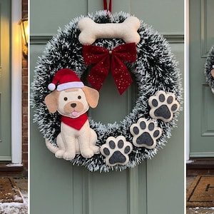 May include: A circular wreath made of dark green and white tinsel, decorated with a plush dog wearing a red Santa hat and scarf, a cream-colored bone, a large red bow, and several gray and white felt paw print cutouts.