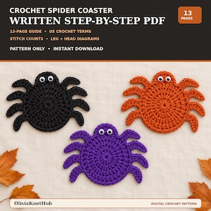 May include: A 13-page digital PDF crochet pattern guide for spider coasters featuring US crochet terms, stitch counts, and diagrams. The image displays three finished spider coasters in black, orange, and purple, each with two googly eyes.