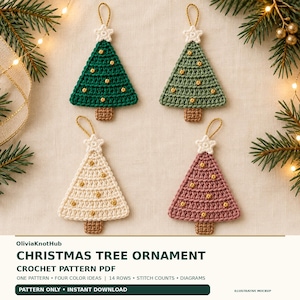 May include: Four crocheted Christmas tree ornaments in dark green, sage green, cream, and dusty rose. Each tree features a white star topper, a brown trunk, and small yellow accents. The text reads OliviaKnotHub CHRISTMAS TREE ORNAMENT CROCHET PATTERN PDF.