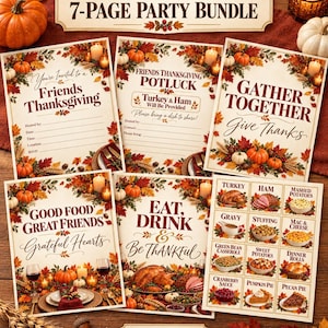 May include: A 7-page Friends Thanksgiving party bundle featuring printed invitations, potluck sign-up sheets, and menu cards. Each page is decorated with autumn leaves, pumpkins, and candles, with text including Friends Thanksgiving, Potluck, and Gather Together.