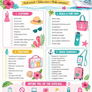 May include: A Caribbean cruise packing checklist featuring four categorized sections: Clothing, Beach & Port Days, Toiletries, and Cruise Essentials. The document includes checkboxes, illustrations of travel items, and a final section titled Before You Zip The Suitcase.