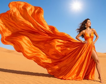 May include: A floor-length vibrant orange satin gown featuring a deep V-neckline, thin spaghetti straps, a fitted waist, and a high side slit. The skirt has a long, flowing train that extends outwards, creating a dramatic, billowing effect.