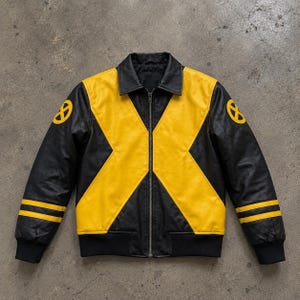 Könnte beinhalten: Eine schwarz-gelbe Lederjacke mit einem großen X-förmigen Muster auf der Vorderseite, einem zentralen Reißverschluss, einem Kragen und gerippten Bündchen. Die Ärmel zeigen zwei horizontale gelbe Streifen und ein rundes gelbes X-Men-Logo auf jeder Schulter.