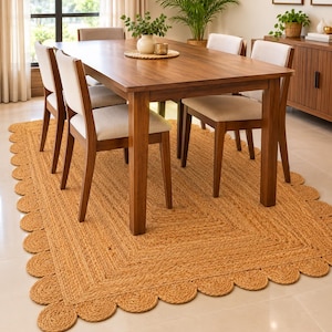Hand Braided Jute Area Rug, Rectangular Boho Dining Room Mat (Scalloped Edges)