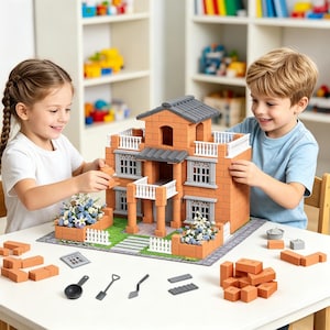 Könnte beinhalten: Ein Spielzeug-Hausbausatz aus orangefarbenen ziegelartigen Bausteinen mit weißen Geländern, grauen Dachziegeln und Miniatur-Blumenbeeten. Das Set enthält lose Bausteine, eine kleine Schaufel, eine Maurerkelle und eine Kelle auf einem Tisch.
