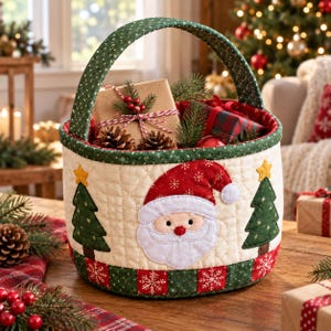 Puede incluir: Una cesta de tela acolchada con una aplicación central de Papá Noel, árboles de Navidad verdes y una estrella a cada lado. La cesta tiene un asa verde con puntos blancos, un borde rojo y verde con copos de nieve, y está llena de ramas de pino.