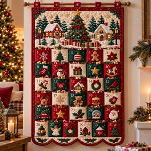May include: A rectangular fabric advent calendar featuring a quilted winter scene with a Christmas tree, houses, and snow. It has thirty-one numbered pockets, each decorated with embroidered holiday icons like a snowman, reindeer, and Santa Claus.