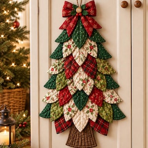 Op de afbeelding: Een gewatteerde stoffen wandhanger in de vorm van een kerstboom, bestaande uit gelaagde, bladvormige lapjes in rood, groen en crème met ruitpatronen, hulst- en sneeuwvlokmotieven. Afgewerkt met een rode stoffen strik en een kleine houten knoop.