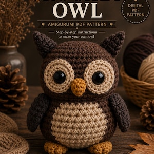 Pode incluir: Um padrão digital em PDF para uma coruja de crochê amigurumi. O texto diz FAWN & THREAD, CROCHET OWL, AMIGURUMI PDF PATTERN, Step-by-step instructions to make your own owl, HANDMADE WITH LOVE, DETAILED INSTRUCTIONS, BEGINNER FRIENDLY, JOY TO CREATE.