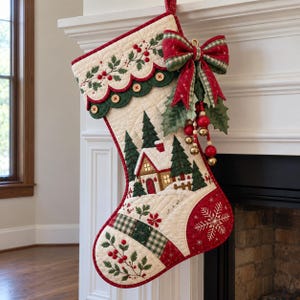 May include: A quilted Christmas stocking featuring a winter scene with a house, pine trees, and a snowflake. The cuff is scalloped with green fabric, red berries, and wooden buttons. A plaid bow with holly leaves, red beads, and gold bells is attached.