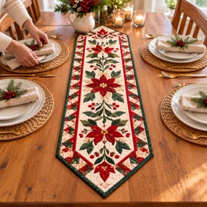 Poinsettia Table Runner Pattern PDF | Christmas Quilt Pattern | Appliqué & Half Square Triangle Runner 12x48 | Digital Download