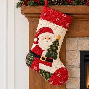 Molde em PDF para Meia de Natal Acolchoada | Molde para Costura com Aplique de Papai Noel, Tutorial de Meia Patchwork | Download Digital