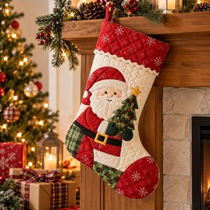 Quilted Christmas Stocking Pattern PDF | Santa Applique Sewing Pattern, Patchwork Stocking Tutorial | Digital Download
