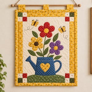 May include: A rectangular fabric wall hanging featuring a quilted design of a blue polka-dot watering can with a yellow heart, holding red, yellow, and purple flowers. Two butterflies fly above the flowers, all framed by a yellow floral border.
