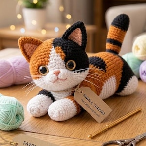 May include: A crocheted calico cat amigurumi with black, orange, and white yarn, large dark eyes, and white whiskers. A tan paper tag attached to the cat reads FAWN & THREAD The Calico Amigurumi. A matching tag, a gold crochet hook, and scissors are nearby.