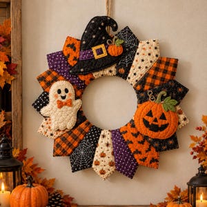 WZÓR DO SZYCIA Wianka z patchworku na Halloween | Cyfrowy samouczek wykonania wianka z tkaniny pikowanej w formacie PDF | Kapelusz czarownicy z dynią | Wzór pikowania dla początkujących