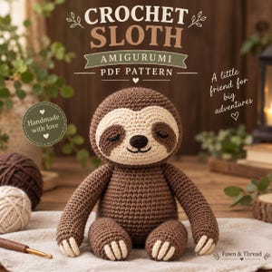 Pode incluir: Um brinquedo amigurumi de bicho-preguiça em crochê marrom e creme com olhos fechados e sorriso bordado. O texto diz CROCHET SLOTH AMIGURUMI PDF PATTERN, Handmade with love, A little friend for big adventures e Fawn & Thread. Uma agulha de crochê é visível.
